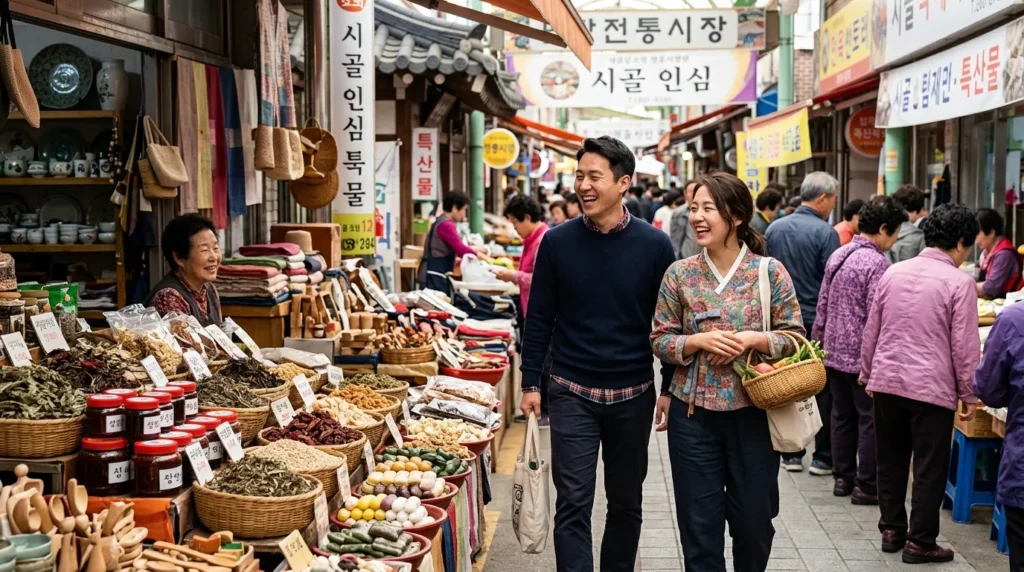 한국인 남녀가 인구감소지역에서 지역 특산물 시장을 탐방하며 활짝 웃고 있다. 주변에는 다양한 전통 음식과 공예품들이 진열되어 있고, 배경에는 활기찬 시장 풍경이 펼쳐져 있다.