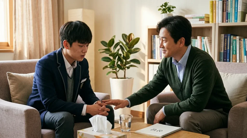 학교폭력 문제로 고민하는 학생과 그를 돕기 위해 상담하는 한국인 전문가의 모습. 따뜻하고 진지한 분위기 속에서 서로 마주보고 이야기하는 장면.