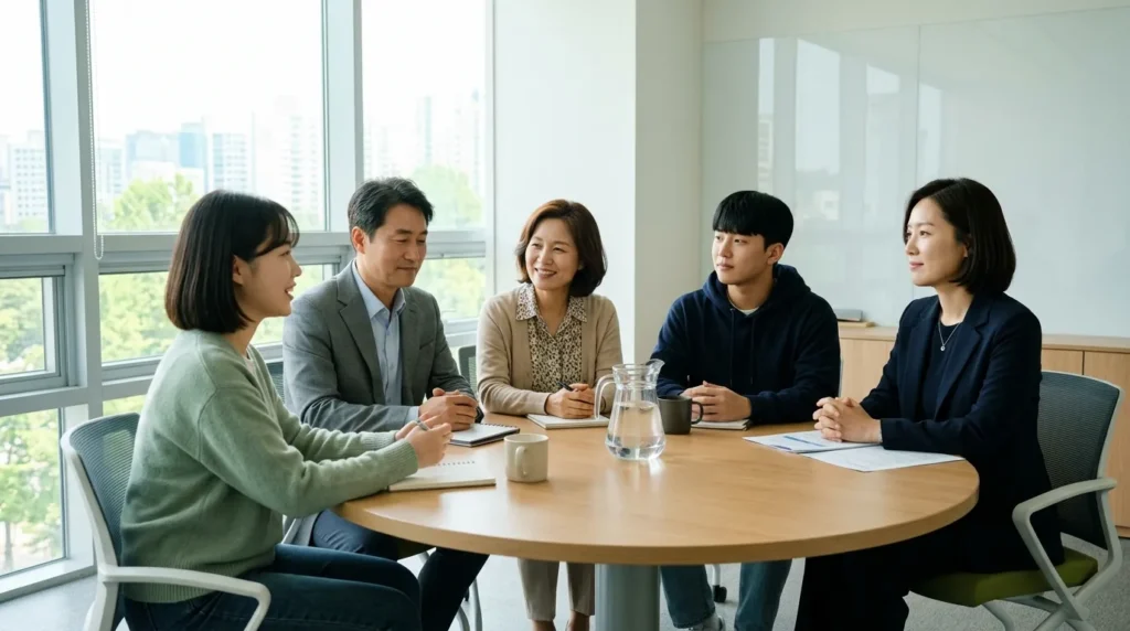 숙려제 진행을 위한 중재 회의가 원형 테이블에서 진행되는 모습. 한국인 학부모, 학생, 그리고 전문 중재자가 차분하게 대화하는 장면. 밝고 희망적인 분위기.