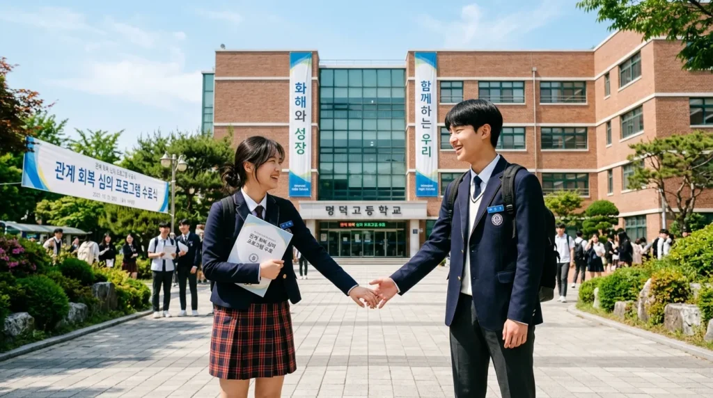 관계회복 숙려제 참여 후 서로에게 손을 내밀며 미소 짓는 한국인 두 학생의 모습. 뒤로는 학교 건물이 보이며 맑은 하늘 아래 희망찬 분위기.