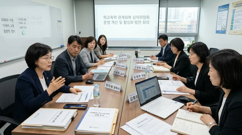 학교폭력 관계회복 숙려제 운영에 대한 회의를 하는 한국인 교사들과 전문가들. 여러 문서와 노트북을 앞에 두고 진지하게 논의하는 모습. 도전 과제를 해결하려는 의지가 엿보이는 분위기.
