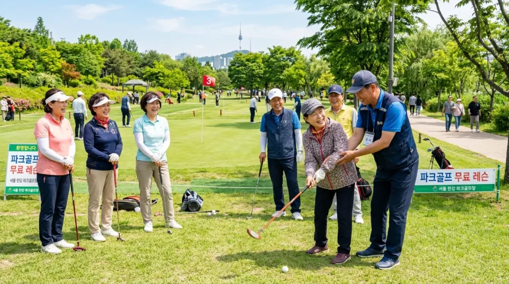 한국인 중년 남녀들이 서울의 맑은 공원 파크골프장에서 무료 강습을 받으며 즐겁게 파크골프를 치는 모습. 강사가 친절하게 자세를 교정해주고 있다. 밝은 햇살이 비추는 활기찬 분위기.