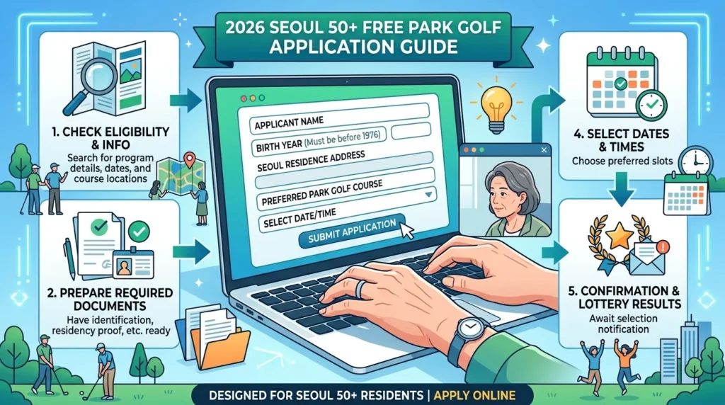 2026년 서울시 50플러스 파크골프 무료 강좌의 신청 절차를 보여주는 그래픽 이미지. 컴퓨터 화면에서 온라인 신청서를 작성하고 있는 한국인 중년 여성의 손이 클로즈업되어 있으며, 달력, 서류, 돋보기 아이콘 등이 함께 배치되어 있다. 현대적이고 명확한 디자인.