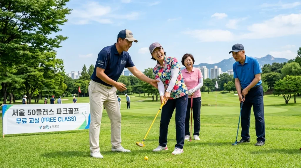 서울시 50플러스 파크골프 무료 강좌에서 한국인 참가자들이 전문 강사에게 파크골프 스윙 자세를 배우고 있는 모습. 초록색 잔디밭과 푸른 하늘이 배경이며, 참가자들의 얼굴에 즐거움과 집중하는 표정이 역력하다. 건강과 활력이 느껴지는 역동적인 장면.