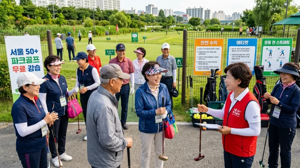 서울시 50플러스 파크골프 무료 강좌에 참여하는 한국인 참가자들이 강사에게 질문하고, 다른 참가자들과 정보를 교환하며 활기차게 준비하는 모습. 배경에는 파크골프 장비와 안전 수칙 포스터가 보인다. 협력적이고 배우려는 분위기.