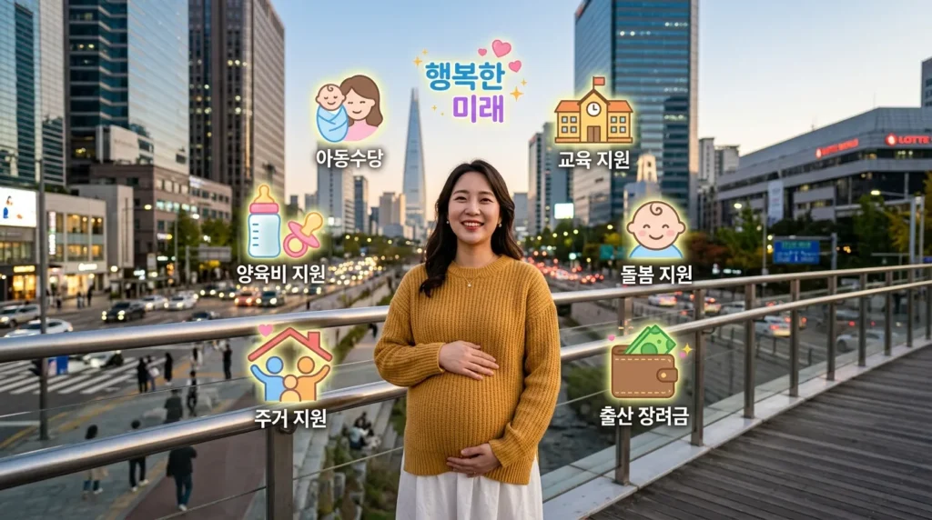 서울 시내 높은 건물들을 배경으로, 한 한국인 임산부가 편안하게 웃으며 미래를 기대하는 모습. 주변에는 육아 관련 지원 정책을 상징하는 밝은 아이콘들이 떠다닌다.