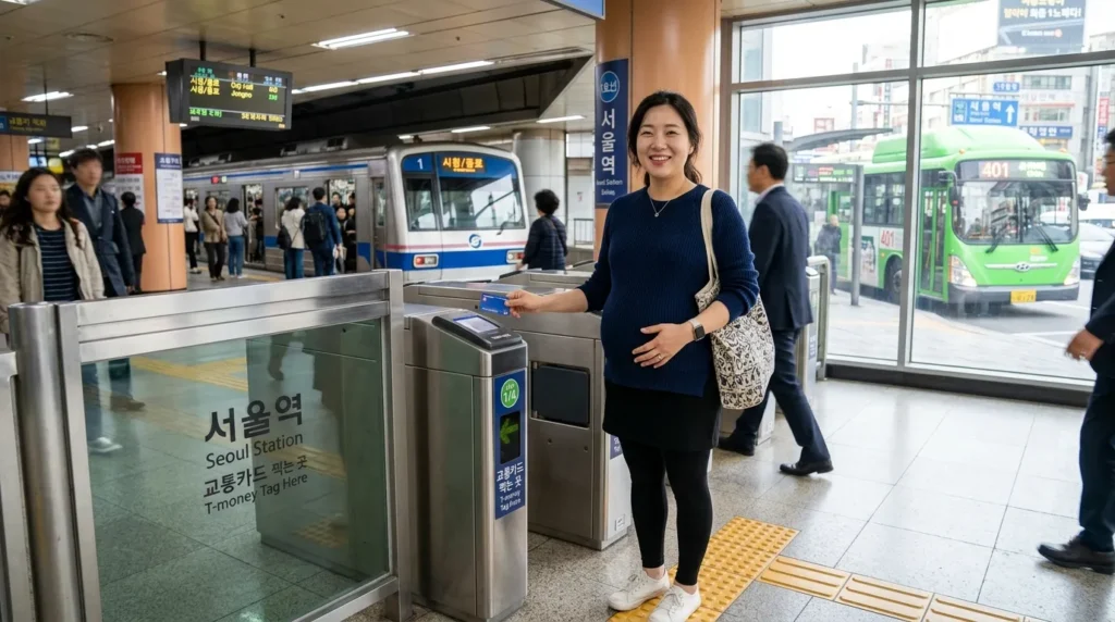 교통카드를 들고 대중교통을 이용하려는 한국인 임산부의 모습. 밝고 편안한 표정이며, 주변에는 서울의 대중교통(버스, 지하철)이 보인다.
