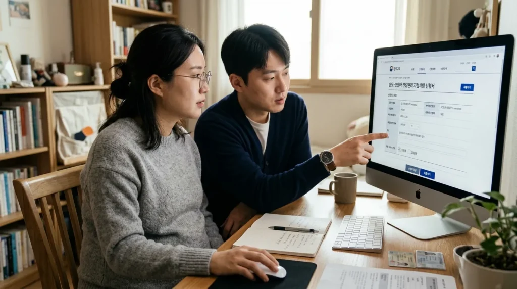 한국인 부부가 함께 정부24 웹사이트를 통해 산후조리경비 지원을 신청하는 모습. 컴퓨터 화면에는 신청 양식이 보이며, 부부는 진지하게 내용을 확인하고 있다.