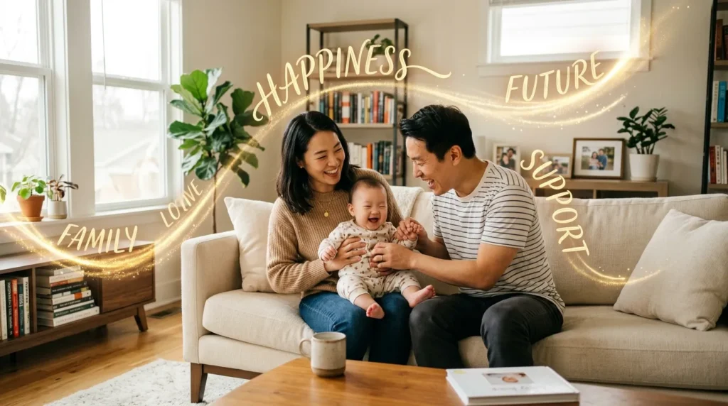 따뜻한 햇살이 드는 거실에서 행복하게 아기를 돌보는 한국인 부부의 모습. 주변에는 '행복', '미래', '지원' 등의 긍정적인 단어들이 추상적으로 표현되어 있다.