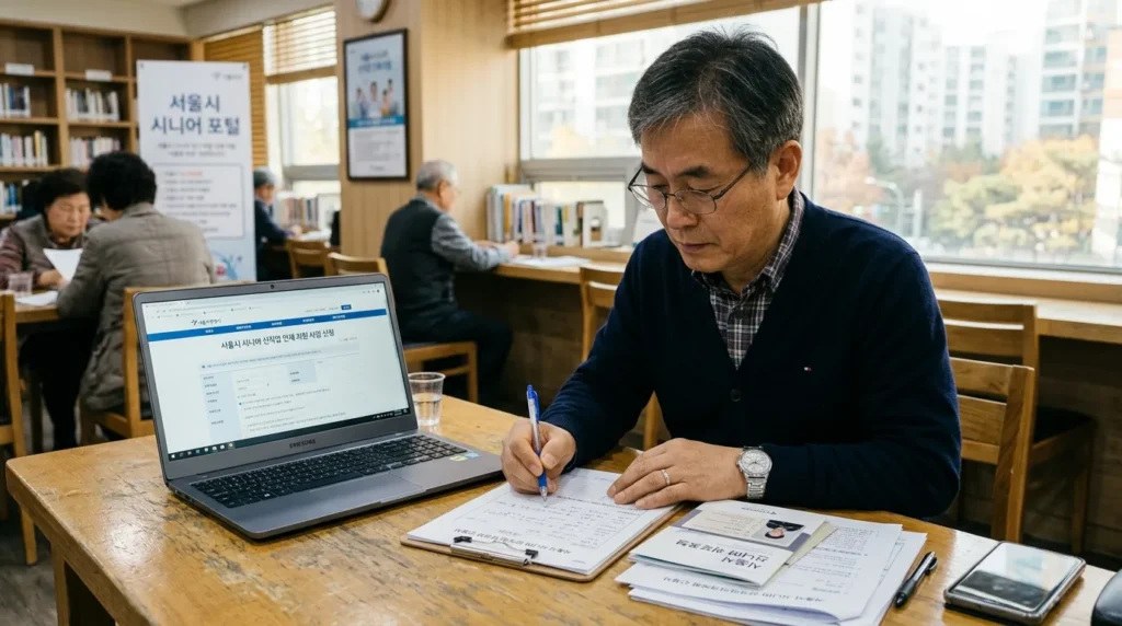 노트북 앞에서 서울 중장년 경력인재지원 신청서를 작성하는 중년 한국인 남성. 그의 옆에는 여러 서류와 펜이 놓여 있고, 화면에는 온라인 신청 페이지가 보인다. 진지하고 희망찬 표정.