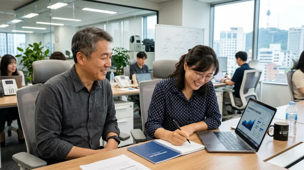 멘토와 멘티인 중년 한국인 남녀가 밝은 분위기에서 대화하며 노트북 화면을 함께 보고 있다. 멘토는 경청하고, 멘티는 필기하며 집중하는 모습. 뒤로는 현대적인 사무실 환경이 보인다.