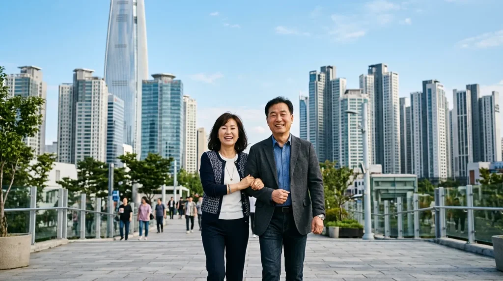 맑은 하늘 아래 우뚝 솟은 빌딩 숲을 배경으로, 활기찬 표정의 중년 한국인 남녀가 서로 어깨동무를 하고 희망찬 미소를 지으며 앞을 바라보고 있다. 그들의 표정에서 새로운 시작에 대한 기대감이 느껴진다.
