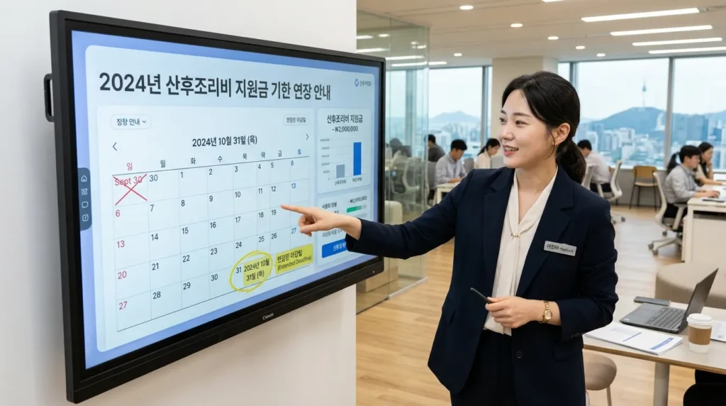 현대적인 사무실 환경에서, 한국인 여성 전문 상담사가 산후 지원금 신청 기한이 연장된 디지털 화면을 가리키고 있다.