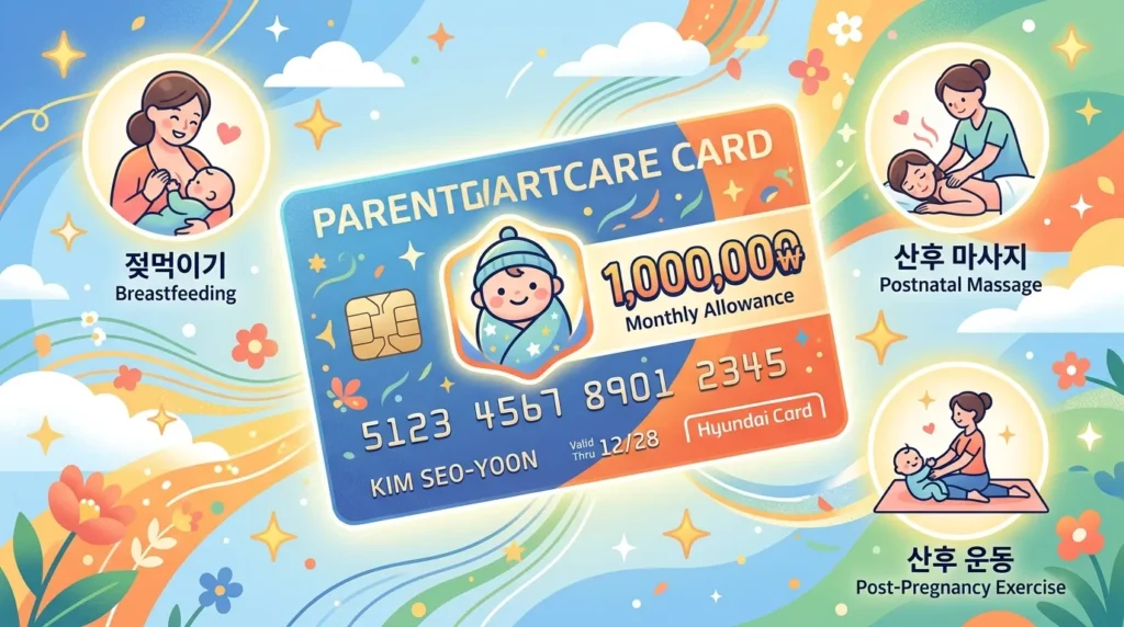 아기 아이콘과 100만 원(KRW) 기호가 있는 신용카드 일러스트가 수유, 마사지, 운동 아이콘으로 둘러싸여 있다.