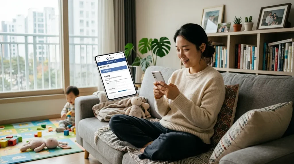 젊은 한국인 엄마가 소파에 편안하게 앉아 스마트폰 앱으로 정부 지원금을 신청하는 고화질 사진.