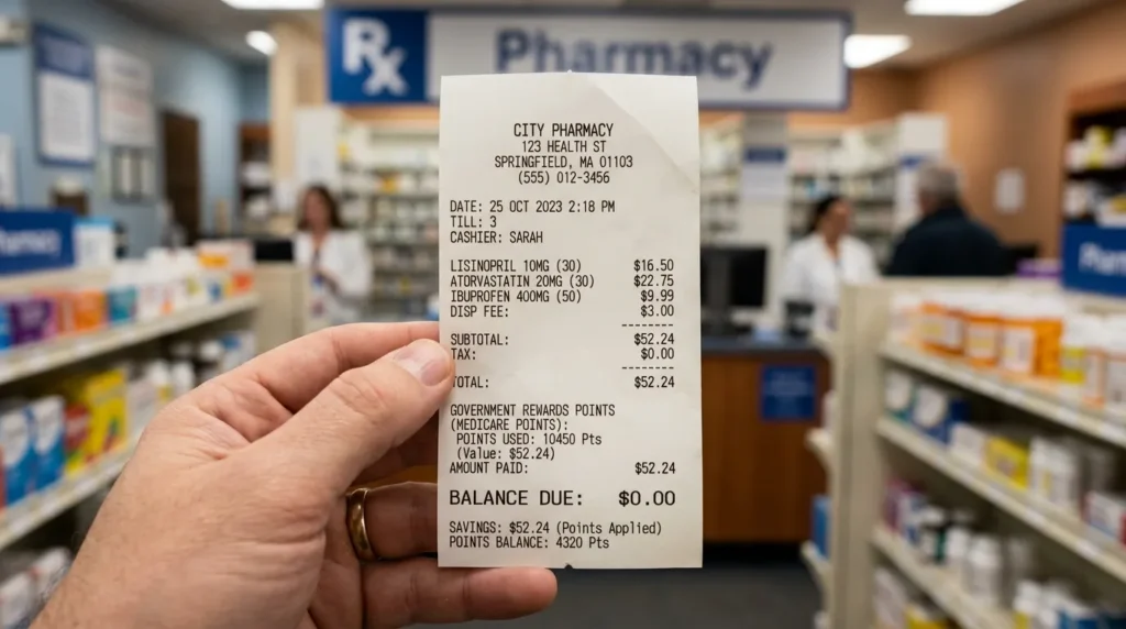 약국 배경이 흐릿하게 처리된 가운데, 정부 지원 포인트를 사용한 후 잔액이 0인 영수증의 클로즈업 사진.
