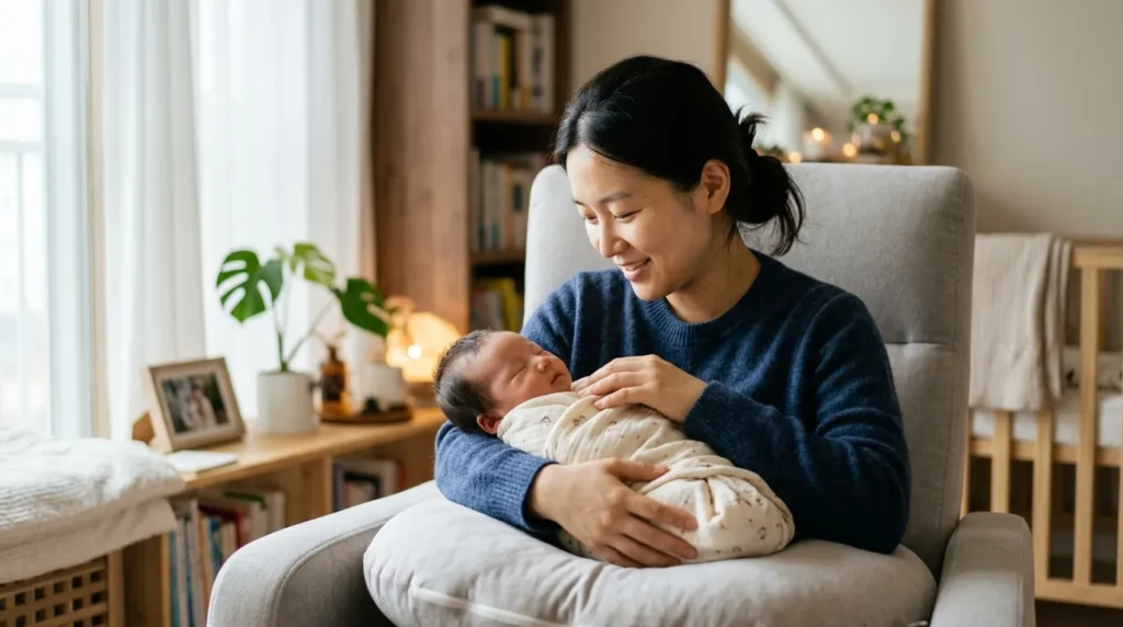 평화로운 한국인 어머니가 갓난아기를 부드럽게 안고 사랑과 안도감이 가득한 눈빛으로 아기를 바라보고 있다. 배경은 은은한 자연광이 비치는 편안하고 따뜻한 가정 분위기를 자아낸다.