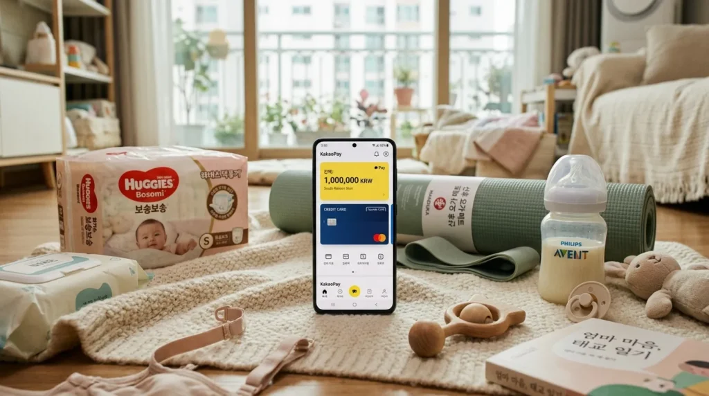 100만 원이 충전된 디지털 지갑 또는 신용카드. 아기 기저귀, 젖병, 산후 요가 매트 등이 주변에 놓여 있고, 은은한 조명이 비추는 한국적인 분위기.