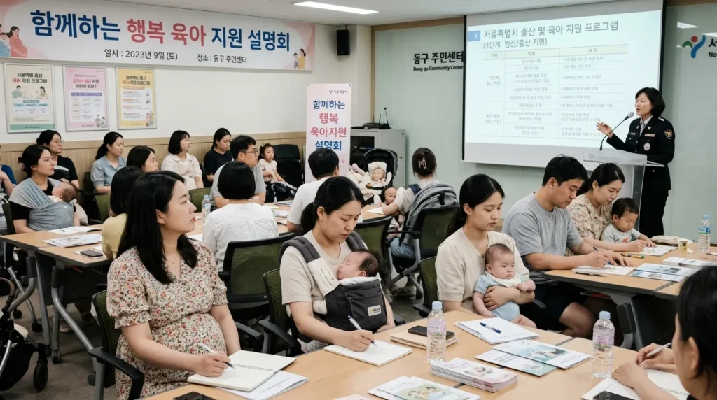 임신 중인 부모와 갓난아기를 둔 부모 등 다양한 한국 부모들이 지역 센터에 모여 공무원의 산후 지원 프로그램 설명을 경청하고 있다. 이 장면은 포용성과 자세한 정보 공유를 보여준다.