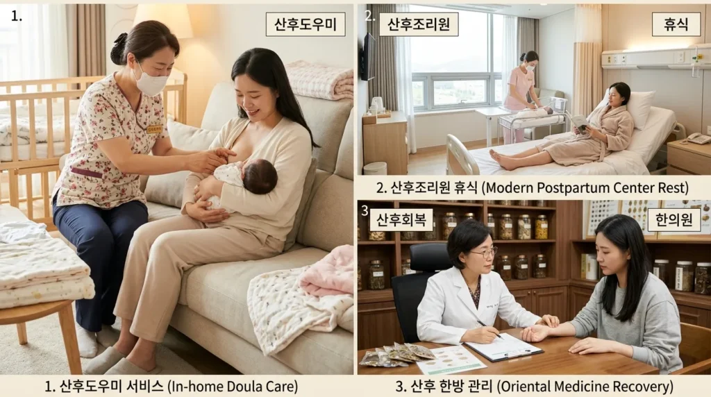 한국 산모들을 위한 다양한 산후 조리 서비스를 보여주는 콜라주 또는 분할 이미지. 한쪽에는 산모를 돌보는 둘라의 모습, 다른 한쪽에는 현대적인 산후 조리 센터에서 휴식을 취하는 산모의 모습, 또 다른 한쪽에는 산후 회복 상담을 하는 한의사의 모습이 담겨 있다.