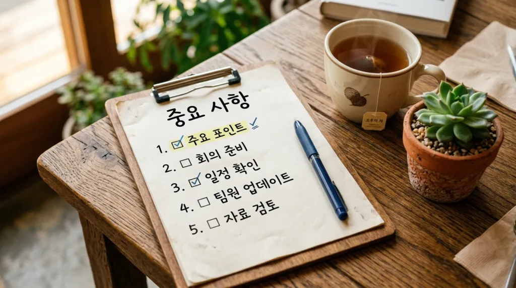 나무 테이블 위에 펜과 체크리스트 클립보드가 놓여 있고, 작은 화분과 차 한 잔이 함께 있다. 한국어로 '중요 사항'이 강조되어 있다.