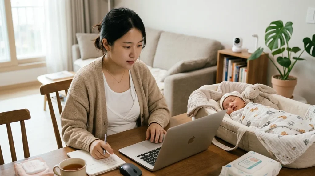 갓 출산한 어머니로 추정되는 한 한국 여성이 노트북으로 온라인 산후 조리 지원 신청서를 작성하고 있다. 아기는 옆에서 평화롭게 잠들어 있다. 차분한 분위기 속에서 온라인 신청 절차에 집중하고 있는 모습이다.