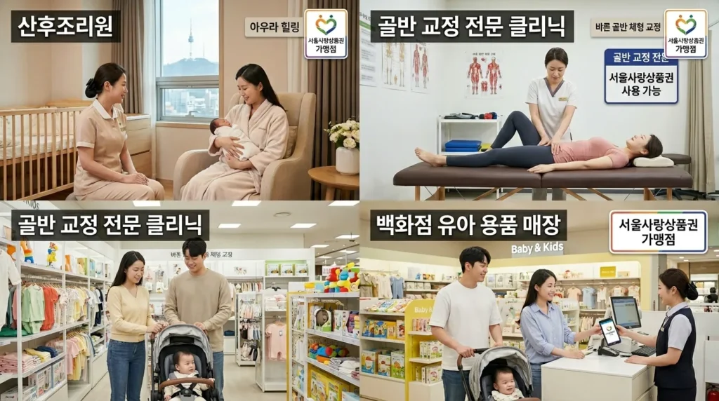 서울 산후조리경비 바우처를 사용할 수 있는 서울의 여러 장소(산후조리센터, 골반교정 전문 클리닉, 백화점 아기용품 코너)를 보여주는 분할 화면.
