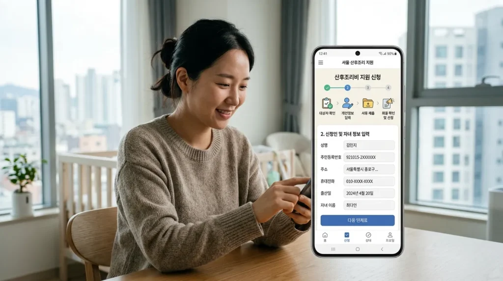 한국인이 서울 산후조리경비 신청에 사용하는 깔끔하고 현대적인 모바일 애플리케이션 UI. 단계별 아이콘이 명확하게 표시되어 있음.