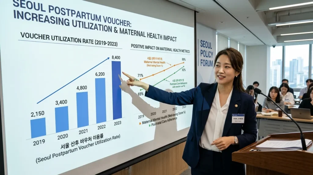 전문 분석가가 서울 산후조리경비 바우처 이용률 증가 추세와 산모 건강에 미치는 긍정적 영향을 보여주는 차트를 가리키고 있음.