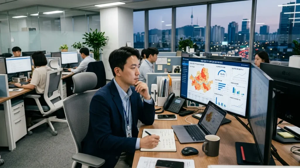 현대적인 사무실에서 한국인 남성 전문 분석가가 서울시 청년 주택 정책 통계를 보여주는 디지털 대시보드를 보고 있다. 진지하고 데이터 중심적인 분위기다.