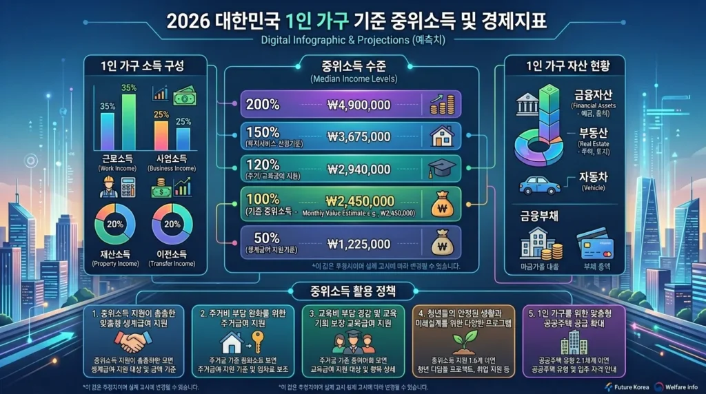 한국의 1인 가구 2026년 기준 중위소득 수준을 자산과 소득을 나타내는 차트와 아이콘으로 보여주는 상세하고 깔끔한 디지털 인포그래픽.