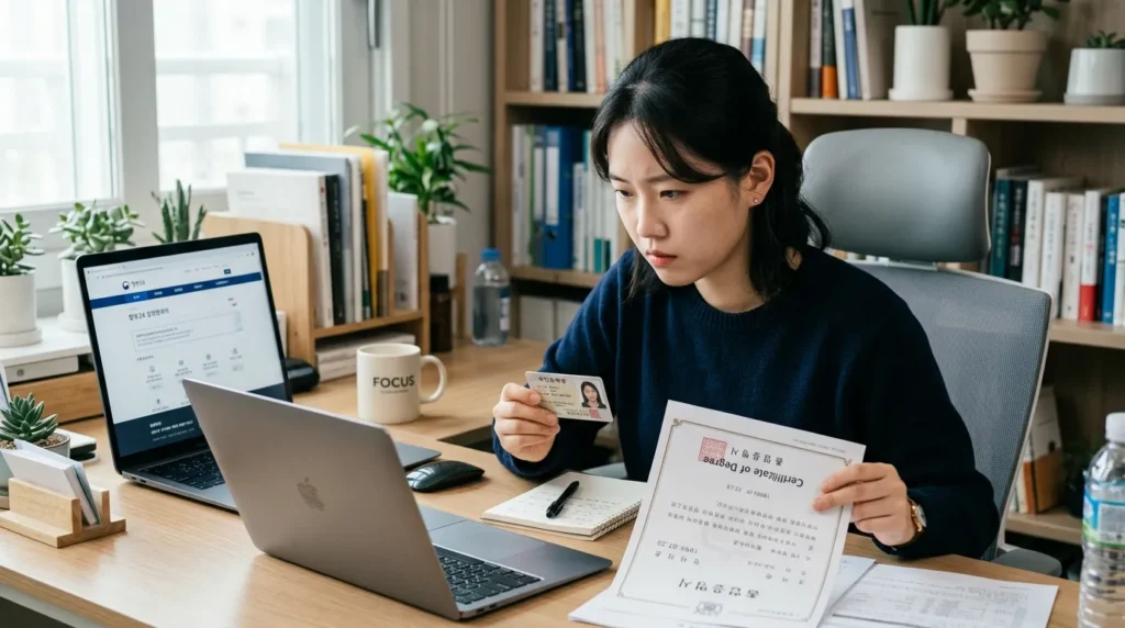 깔끔하게 정리된 책상에 노트북을 놓고 앉아 신분증을 들고 정부 발행 서류를 확인하는 젊은 한국 여성. 집중력 있고 단호한 표정으로 절차를 마무리하려는 듯 보인다.