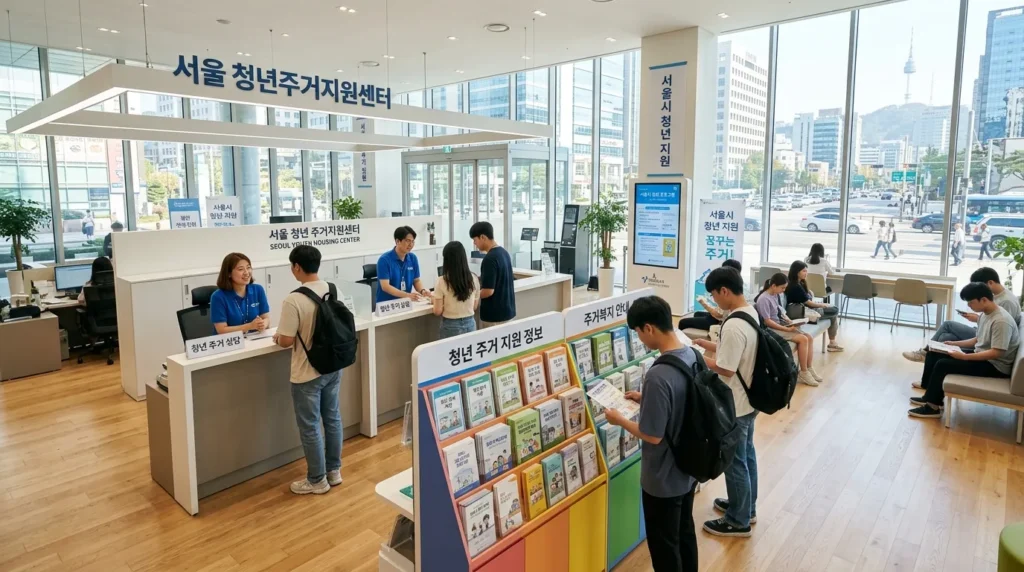 서울의 깨끗하고 밝은 공공 서비스 센터의 전경. 친절한 직원들과 청년 주택 지원 관련 안내 책자가 보인다.