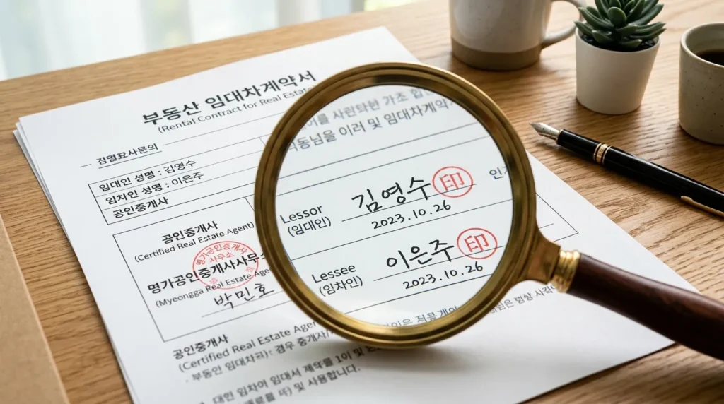 돋보기로 확대된 나무 책상 위에 놓인 현대적인 한국 임대 계약서를 클로즈업하여 서명과 공식 도장을 자세히 촬영한 장면입니다. 밝고 깨끗한 조명은 전문적인 사무실 환경을 연출합니다.