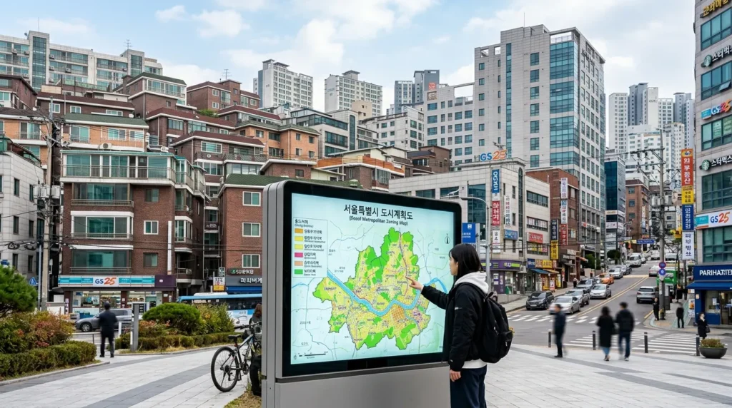 서울의 다양한 주거 형태(다세대 주택, 오피스텔, 상업용 건물 등)를 광각으로 보여주는 장면입니다. 한 한국 청년이 디지털 서울 지도 앞에 서서 다양한 용도지역을 살펴보고 있습니다. 현대적이고 분석적인 분위기를 자아냅니다.