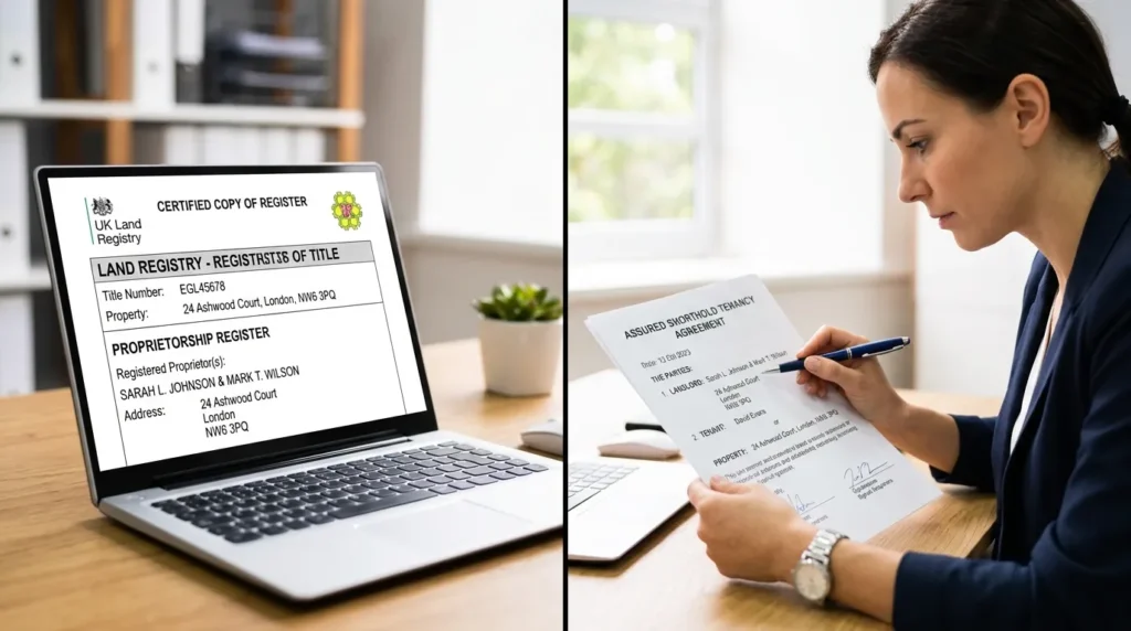 노트북 화면과 임대 계약서가 깔끔하게 분할된 화면입니다. 한쪽에는 부동산 등기부등본이, 다른 한쪽에는 종이 임대 계약서가 놓여 있습니다. 한 사람이 펜을 들고 이름과 주소를 대조하고 있습니다. 전문적이고 신뢰감을 주는 이미지입니다.