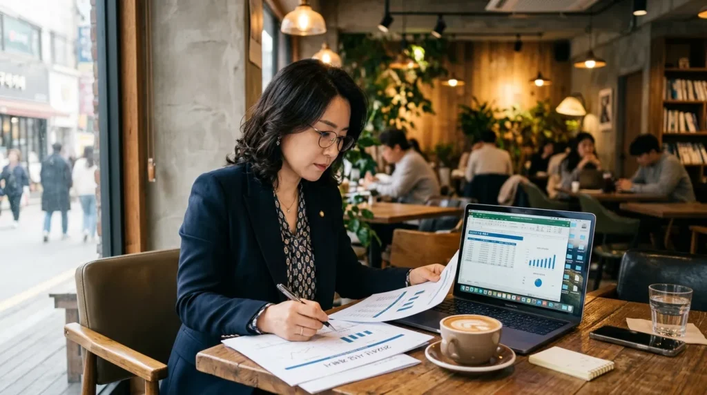 모던한 카페에서 서류와 노트북을 집중해서 확인하는 한국의 전문 소기업 대표. 따뜻한 조명 아래 고품질 사진 촬영.