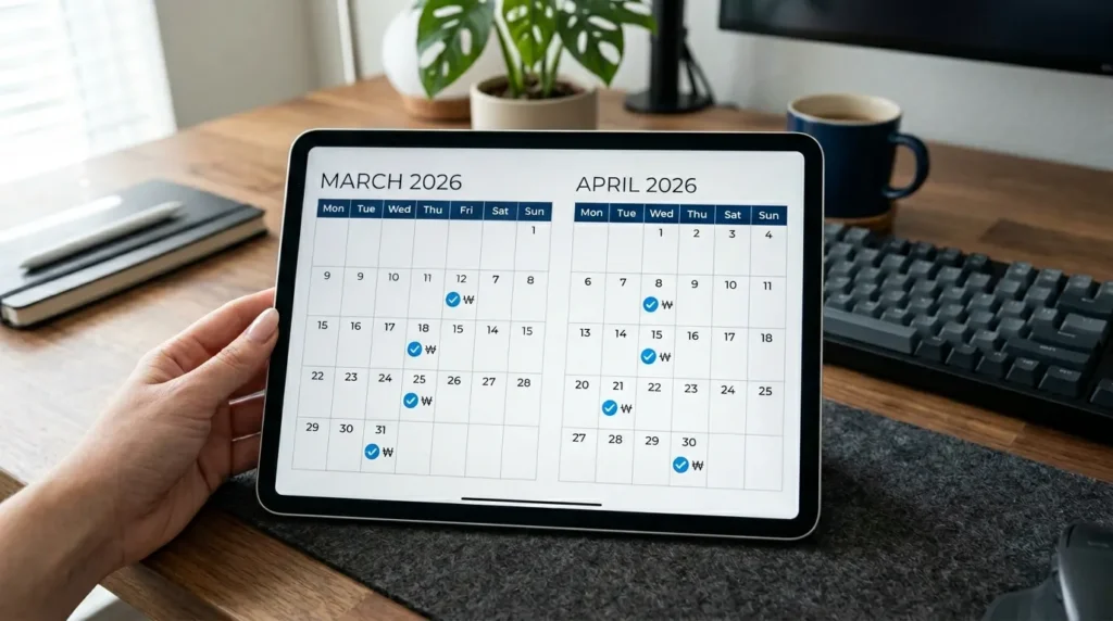 태블릿의 디지털 달력에는 2026년 3월과 4월이 표시되어 있고, 특정 날짜에는 파란색 체크 표시와 원화 기호 아이콘이 표시되어 있어 전문적이고 깔끔한 분위기를 자아낸다.