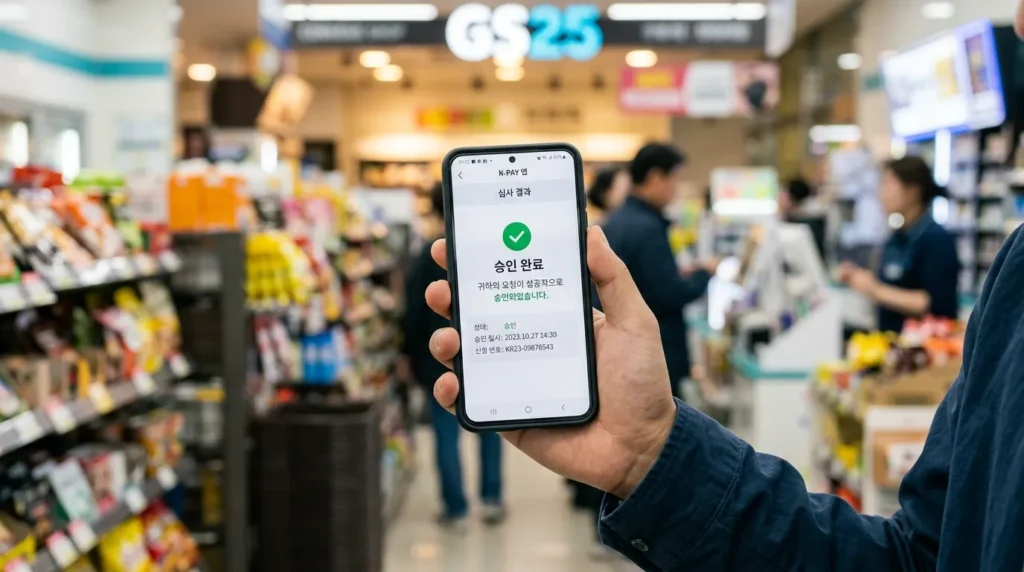 매장 안에서 스마트폰 화면에 한국어로 '승인됨'이라는 메시지가 표시된 모바일 애플리케이션이 보인다. 배경은 흐릿하게 처리되었다.