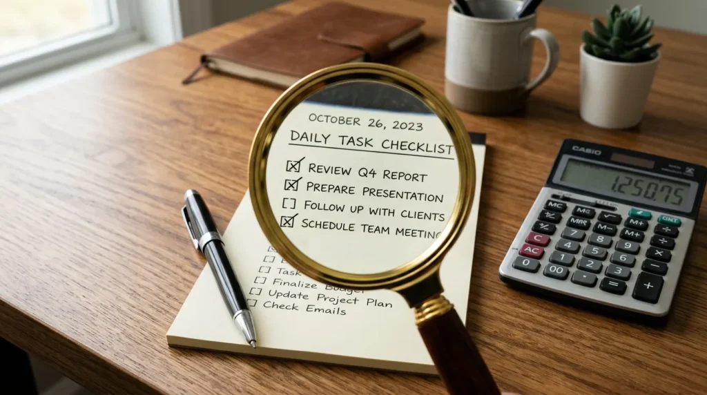 나무 책상 위에 놓인 체크리스트를 돋보기로 강조하고 있다. 계산기와 사무용 펜이 함께 놓여 있어 깔끔하고 전문적인 느낌을 준다.