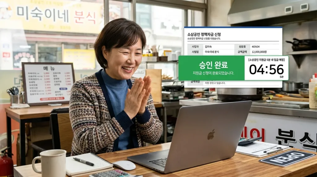 노트북 화면에 매우 간소화된 한국어 정책자금 신청 양식이 보이는 모습. 신청 버튼을 누르자 '승인 완료' 메시지와 함께 5분 타이머가 빠르게 줄어드는 디지털 인터페이스. 옆에는 환하게 웃는 한국인 소상공인이 있다.