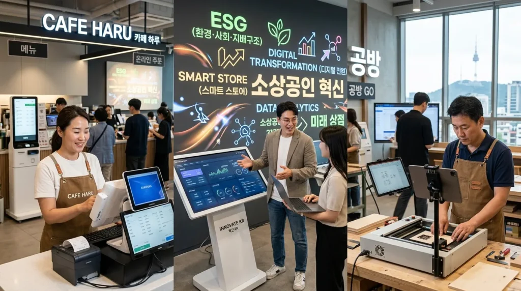 다양한 업종의 한국인 소상공인들(카페 사장님, IT 스타트업 대표, 공방 운영자)이 각자의 가게에서 디지털 기기를 활용하여 비즈니스를 혁신하고 있는 모습. 배경에는 'ESG', '디지털 전환', '스마트 상점' 등의 키워드가 추상적으로 표현되어 있다.