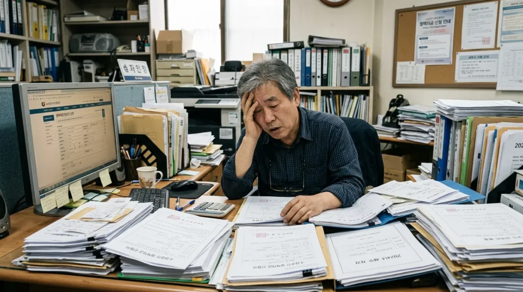 한국인 소상공인이 복잡한 서류 더미 앞에서 한숨 쉬는 모습. 그의 앞에는 여러 종류의 서류와 컴퓨터 화면이 펼쳐져 있으며, 지쳐 보이는 표정이다. 배경에는 '정책자금 신청'이라는 글씨가 흐릿하게 보인다.