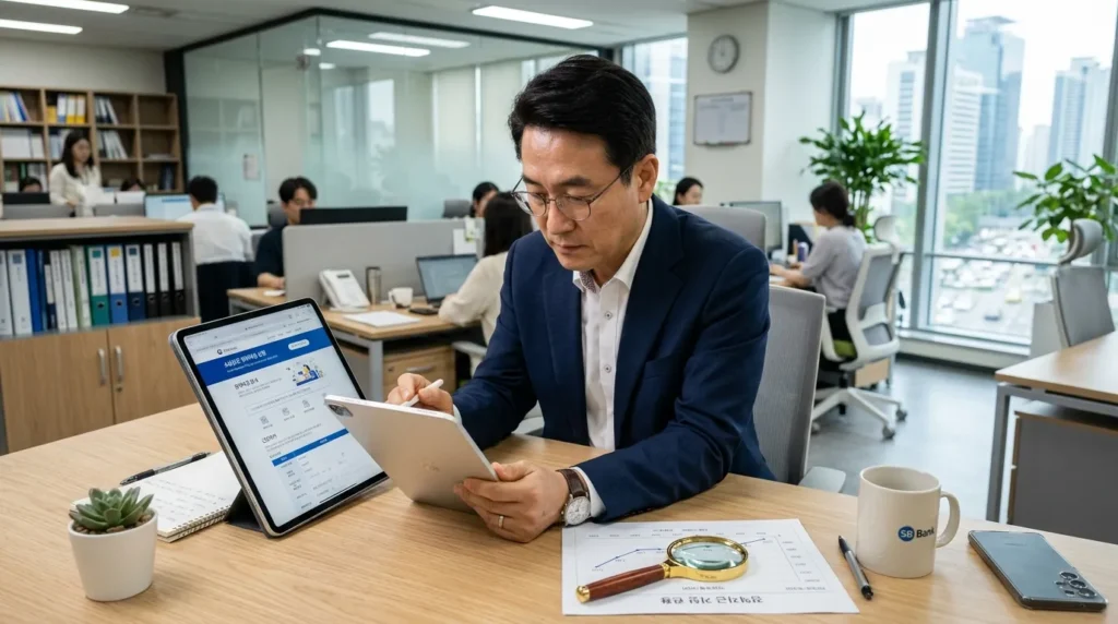 태블릿으로 소상공인 정책자금 신청 웹사이트를 신중하게 살펴보는 한국인 사업가의 모습. 옆에는 돋보기와 그래프가 놓여있고, 배경은 현대적인 사무실 환경이다.