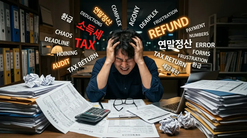 한 한국인 남성이 복잡한 세금 서류와 계산기 앞에서 머리를 감싸쥐고 고뇌하는 모습, 주변에는 '세금', '환급' 관련 키워드가 혼란스럽게 떠다니는 시각적 은유.