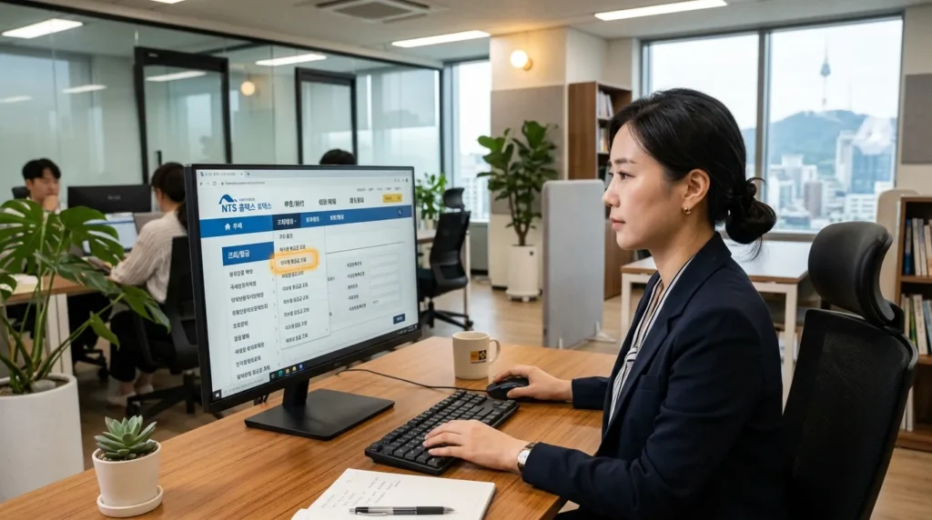 깔끔하고 현대적인 사무실 환경에서 한국인 여성이 데스크톱 컴퓨터로 국세청 홈택스 웹사이트 화면을 집중해서 보고 있는 모습. 화면에는 '미환급금 조회' 메뉴가 강조되어 있다.