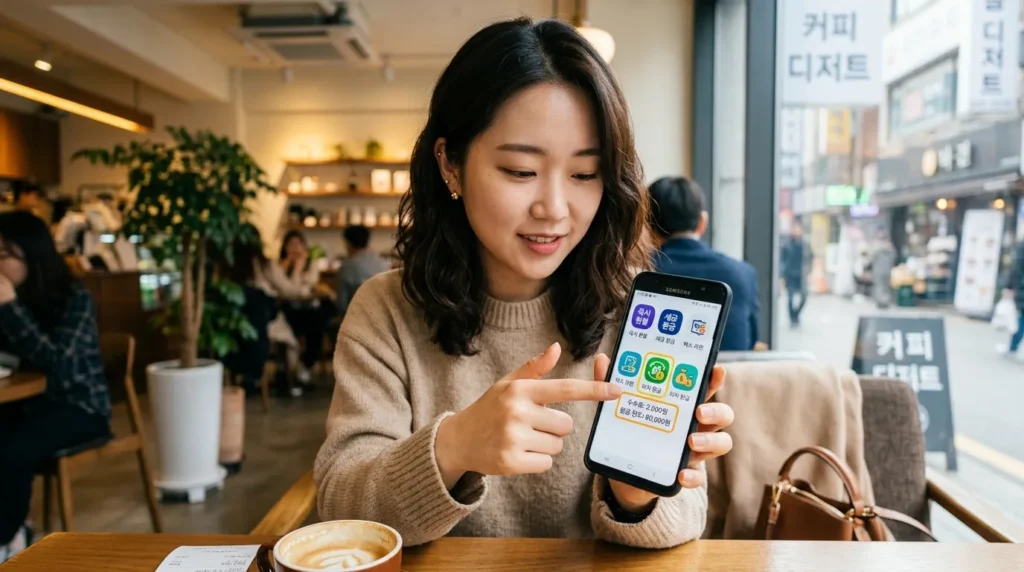 한 한국인 젊은 여성이 스마트폰을 들고 여러 간편 환급 앱 아이콘이 떠 있는 화면을 신중하게 들여다보는 모습. 앱 아이콘 중 하나에는 작은 요금표나 수수료 표시가 강조되어 있다.