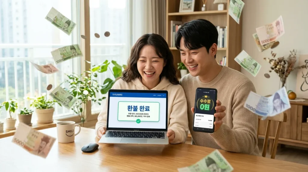 밝고 희망찬 분위기에서 한국인 남녀가 노트북과 스마트폰을 보며 환하게 웃고 있다. 노트북 화면에는 '환급 완료' 메시지가, 스마트폰에는 '0원 수수료' 문구가 강조되어 있으며, 공중에 돈이 흩날리는 효과가 있다.
