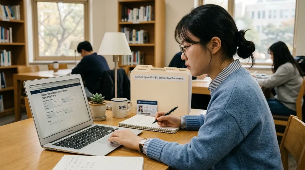 한 한국인 학생이 노트북으로 온라인 장학금 신청 양식을 작성하고, 옆에는 필요한 서류들이 깔끔하게 정리되어 있는 모습. 차분하고 집중하는 분위기.