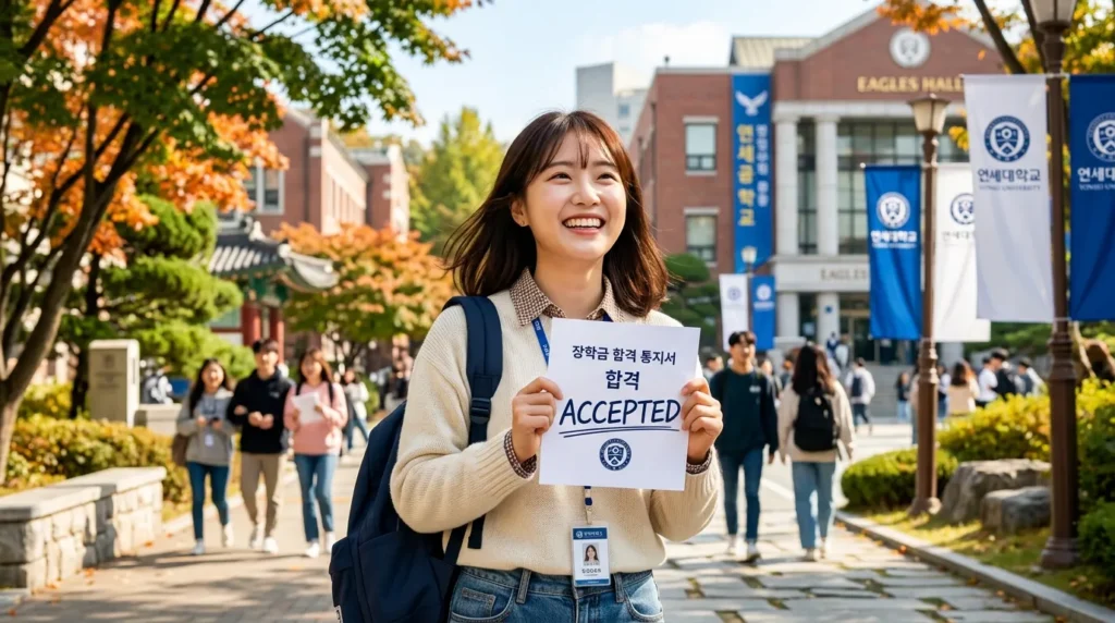 성공적으로 장학금 서류를 제출한 한국인 학생이 환하게 웃으며 미래를 기대하는 모습. 손에는 '합격'이라고 쓰인 종이가 들려있고, 배경은 밝고 희망찬 분위기.